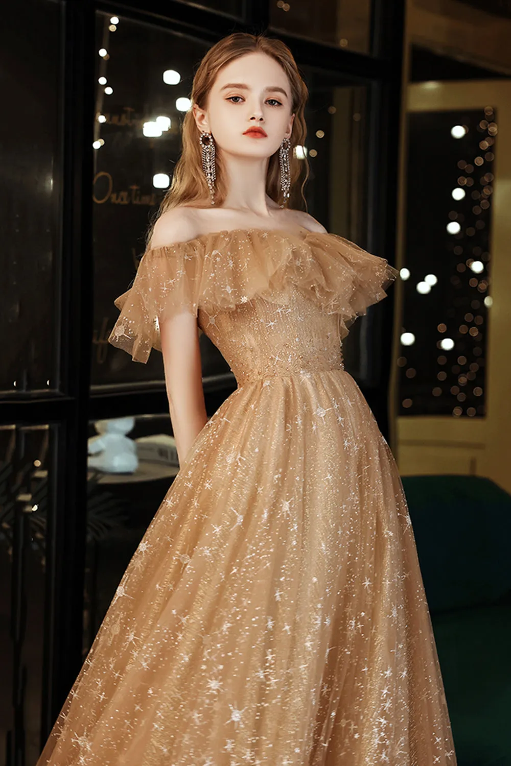 Gold Tulle Sequins Off The Shoulder Long Prom Dress MB5184