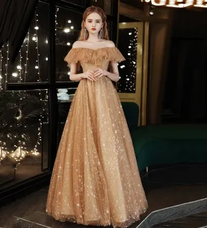 Gold Tulle Sequins Off The Shoulder Long Prom Dress MB5184