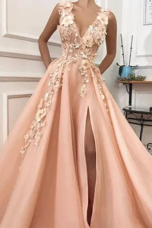 Gorgeous A-line V-neck Tulle Prom Dresses Evening Dress with Flower TP0843
