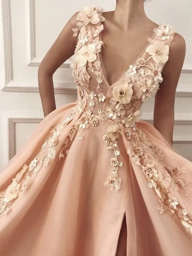 Gorgeous A-line V-neck Tulle Prom Dresses Evening Dress with Flower TP0843