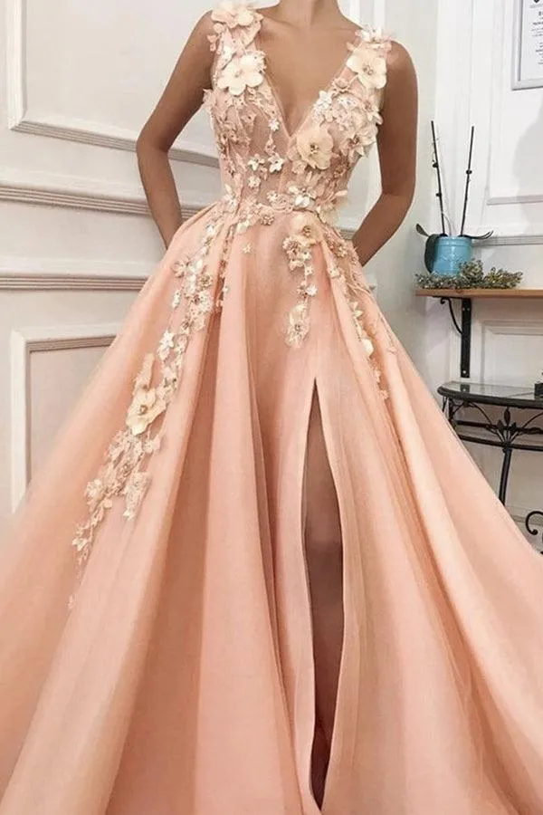 Gorgeous A-line V-neck Tulle Prom Dresses Evening Dress with Flower TP0843