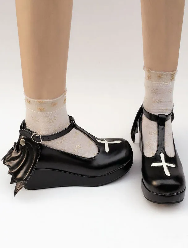 Gothic Lolita Shoes Black Cross Round Toe Lolita Pumps With Wings