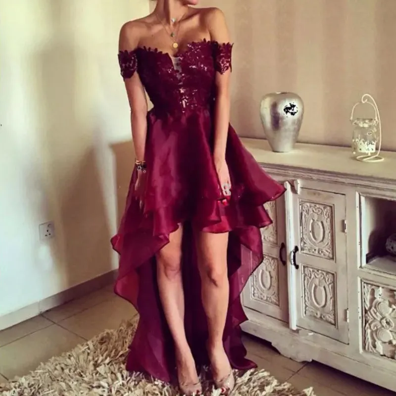 High-low Prom Dress,Asymmetrical Prom Dresses, Appliques Lace Backless Prom Dresses , PD0773