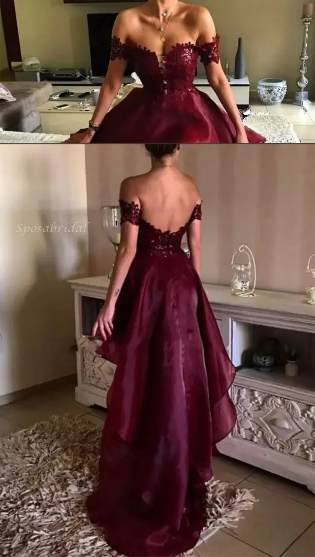 High-low Prom Dress,Asymmetrical Prom Dresses, Appliques Lace Backless Prom Dresses , PD0773