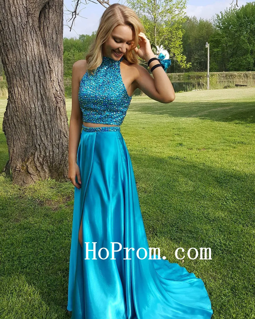 High Neck Blue Prom Dresses,Beading Prom Dress,Evening Dress