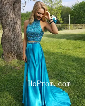 High Neck Blue Prom Dresses,Beading Prom Dress,Evening Dress