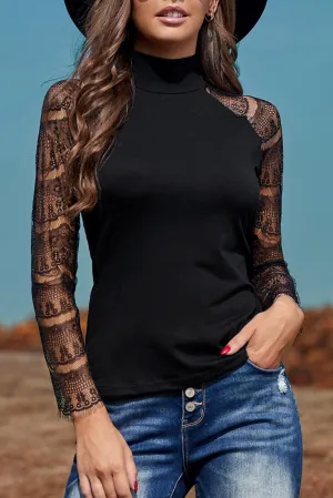 High Neck Lace Crochet Long Sleeve Top