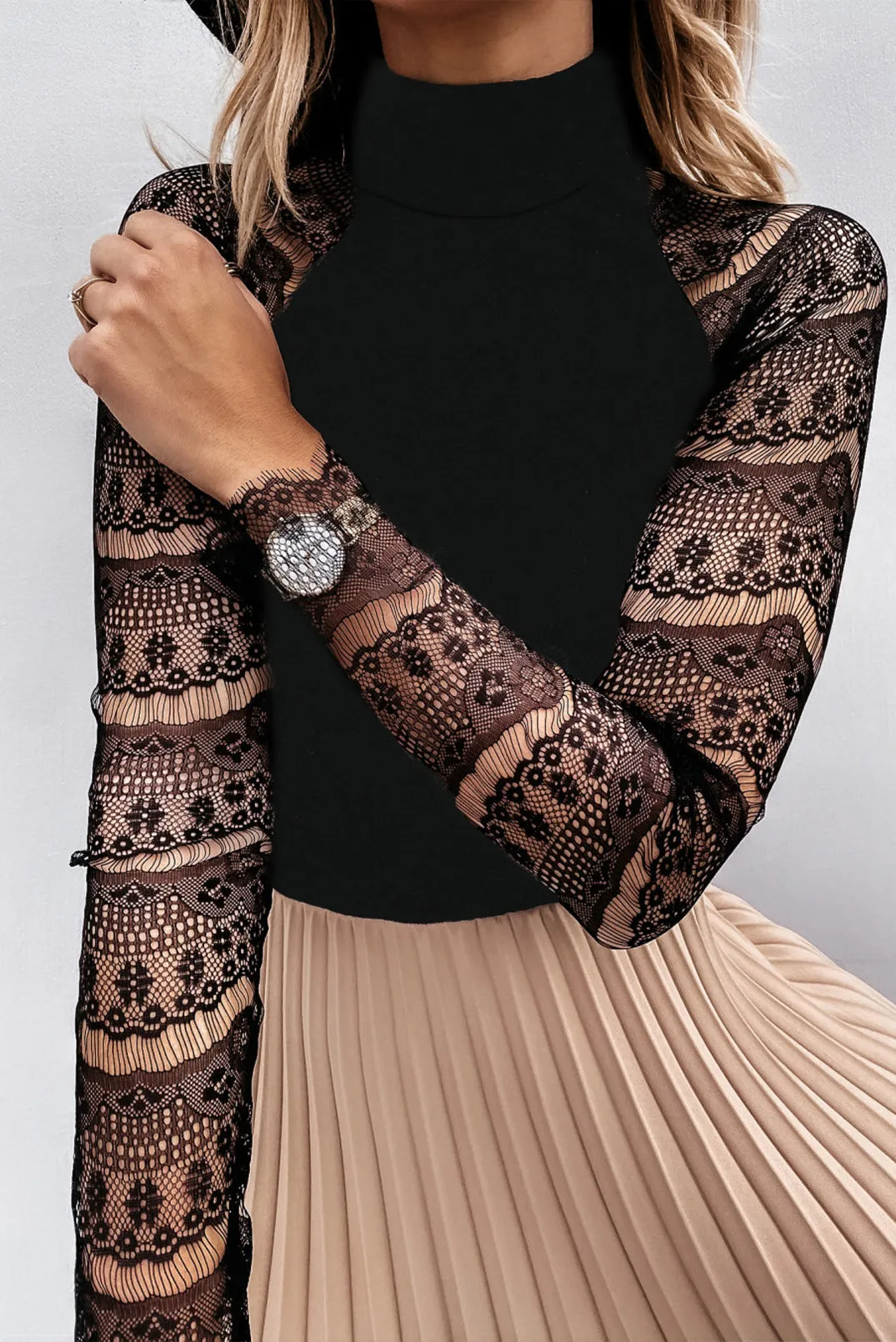 High Neck Lace Crochet Long Sleeve Top