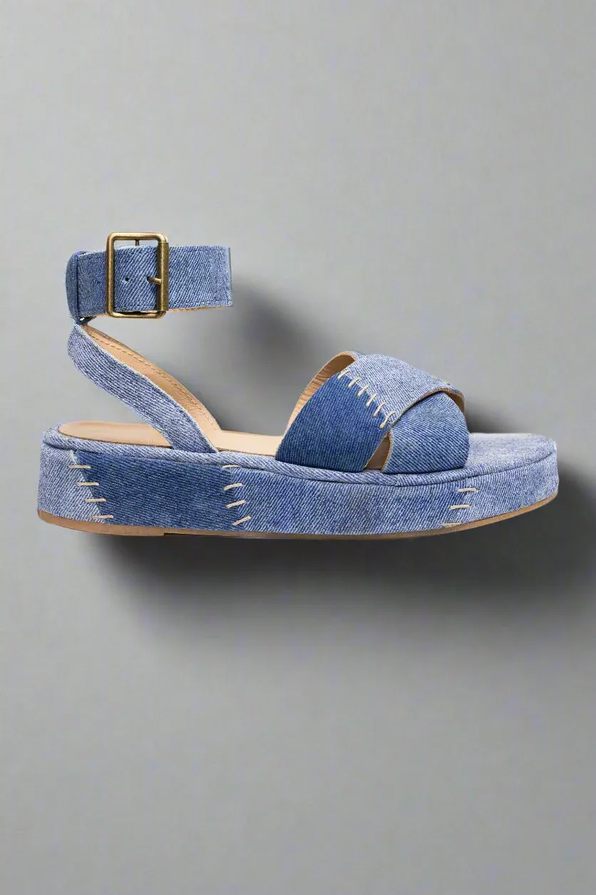 Johnny Was Blue Patchwork Leather Jean Platform Sandal JWS23524