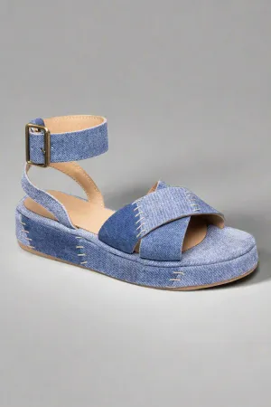 Johnny Was Blue Patchwork Leather Jean Platform Sandal JWS23524