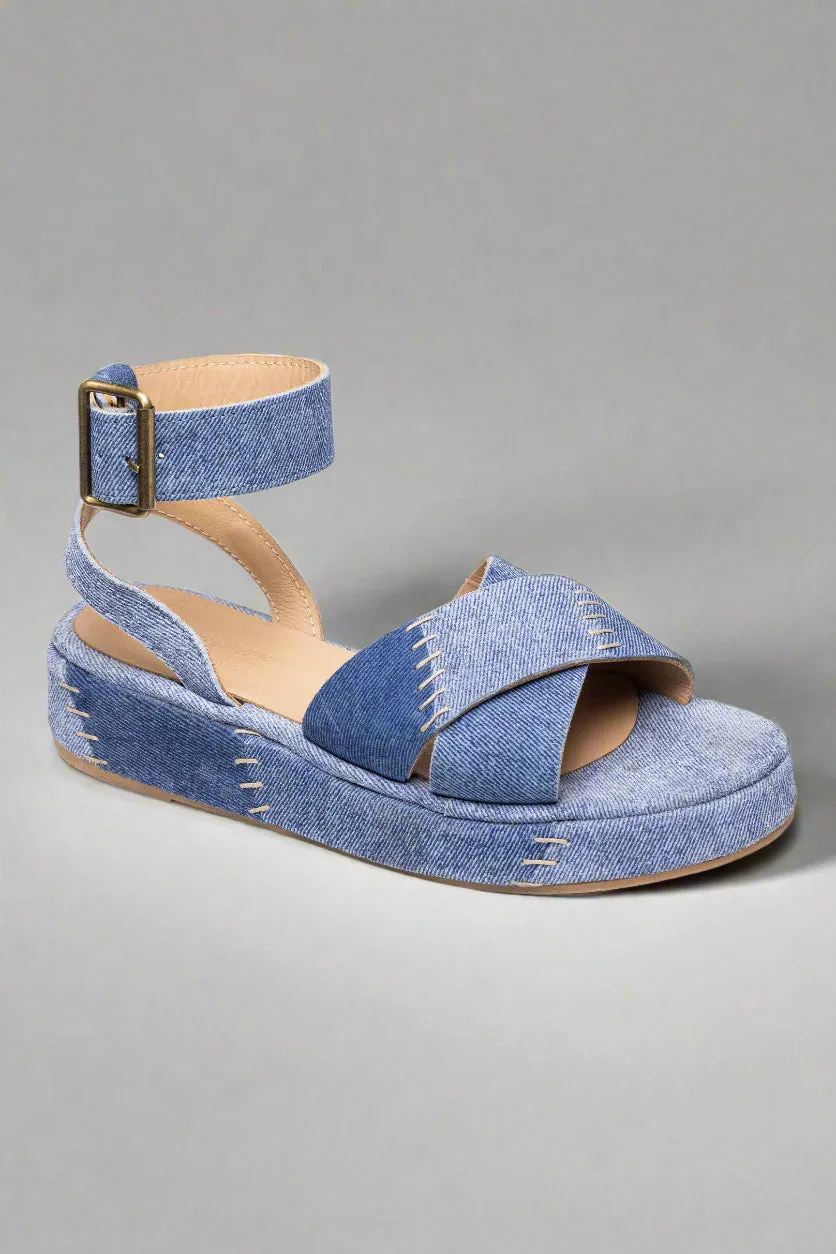 Johnny Was Blue Patchwork Leather Jean Platform Sandal JWS23524