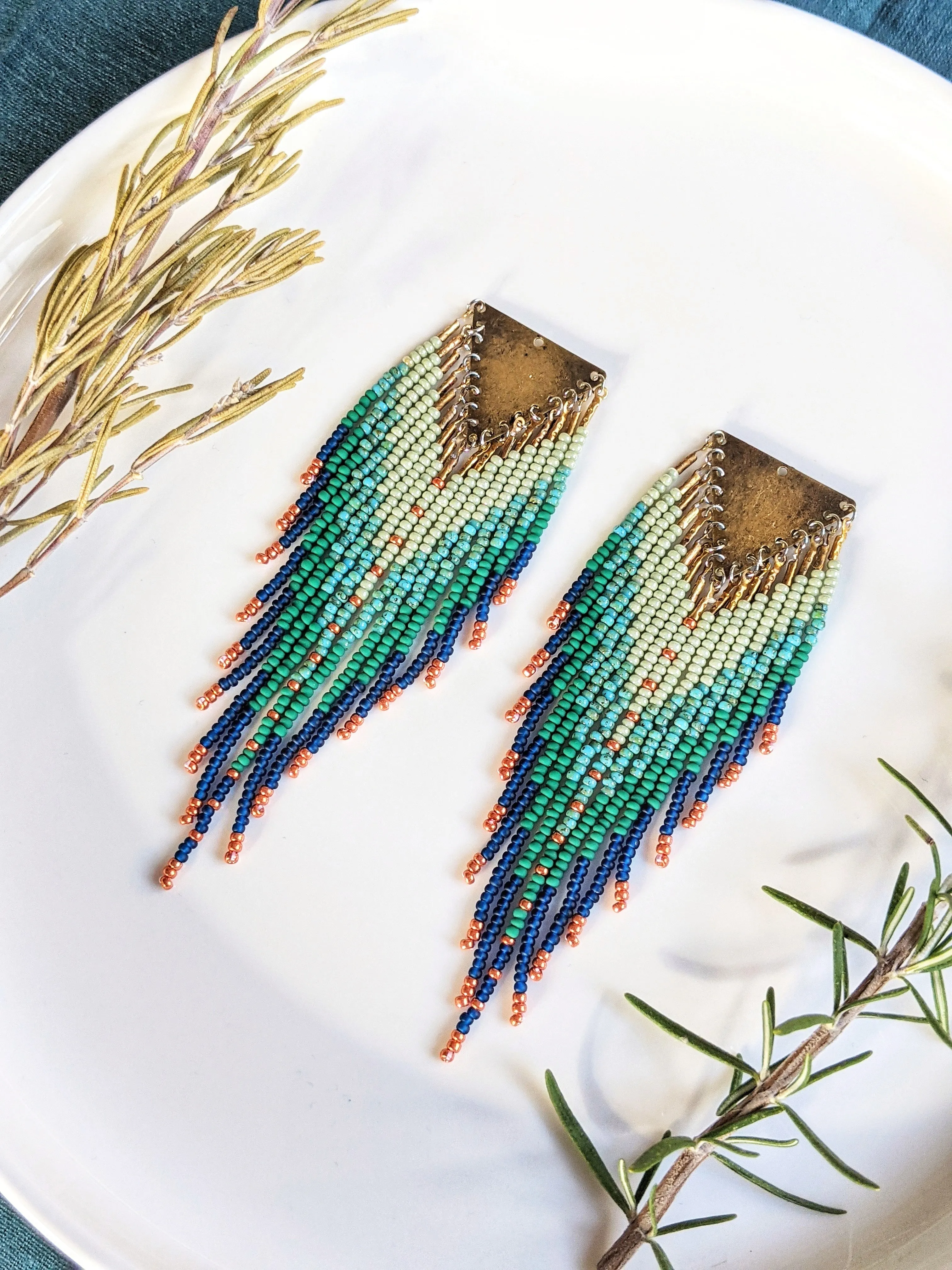 Judi Teal Bird Beaded Fringe Earrings