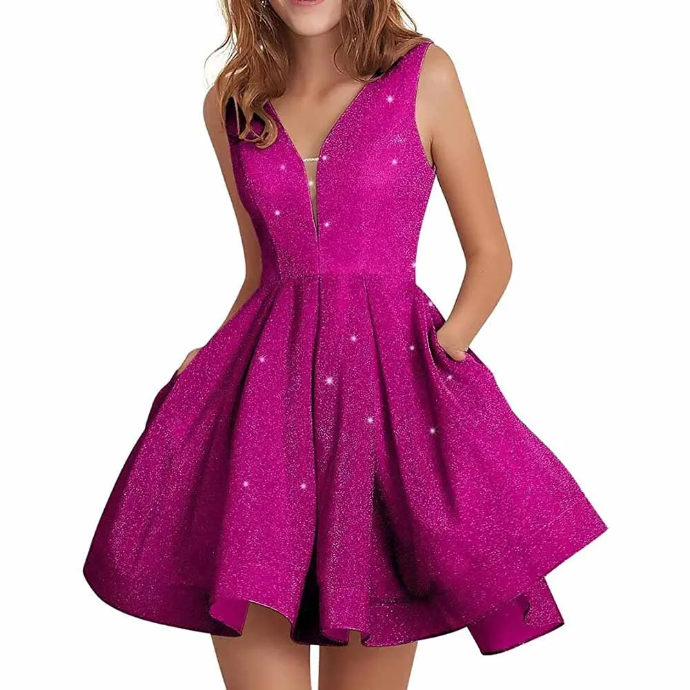 Juniors Homecoming Dress Glittery Short Sleeveless Party Prom Dresses Pockets Ball Gown