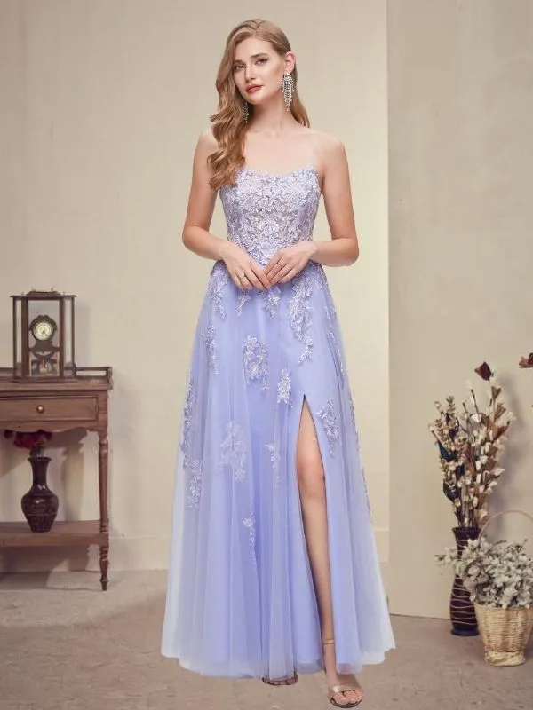 Lavender Spaghetti Straps Open Back Criss Cross Side-slit A-line Prom Dress, PD3570
