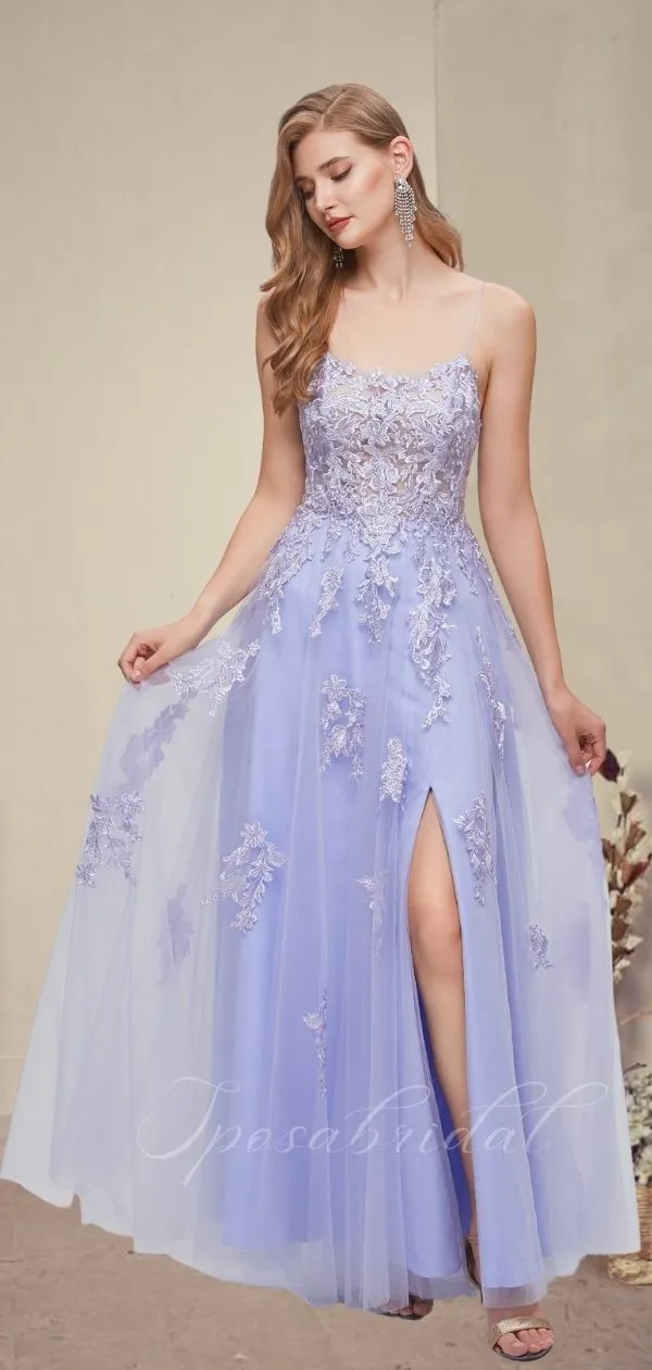 Lavender Spaghetti Straps Open Back Criss Cross Side-slit A-line Prom Dress, PD3570