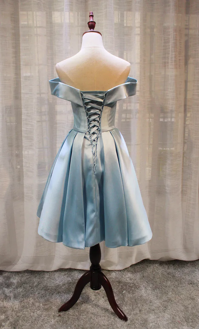 Light Blue Off Shoulder Knee Length Bridesmaid Dress, High Quality Prom Dresses