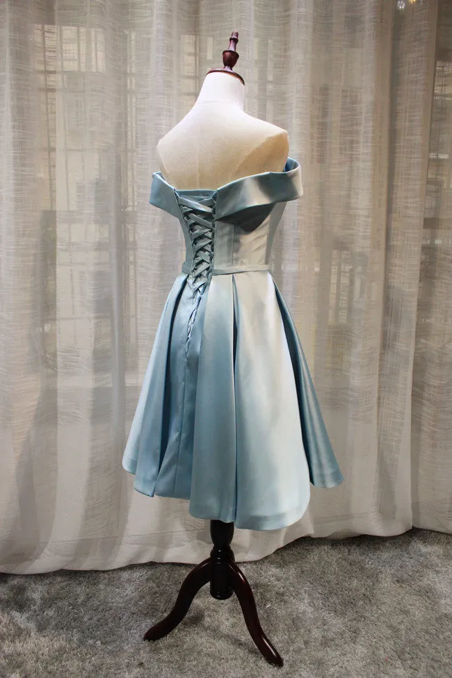 Light Blue Off Shoulder Knee Length Bridesmaid Dress, High Quality Prom Dresses