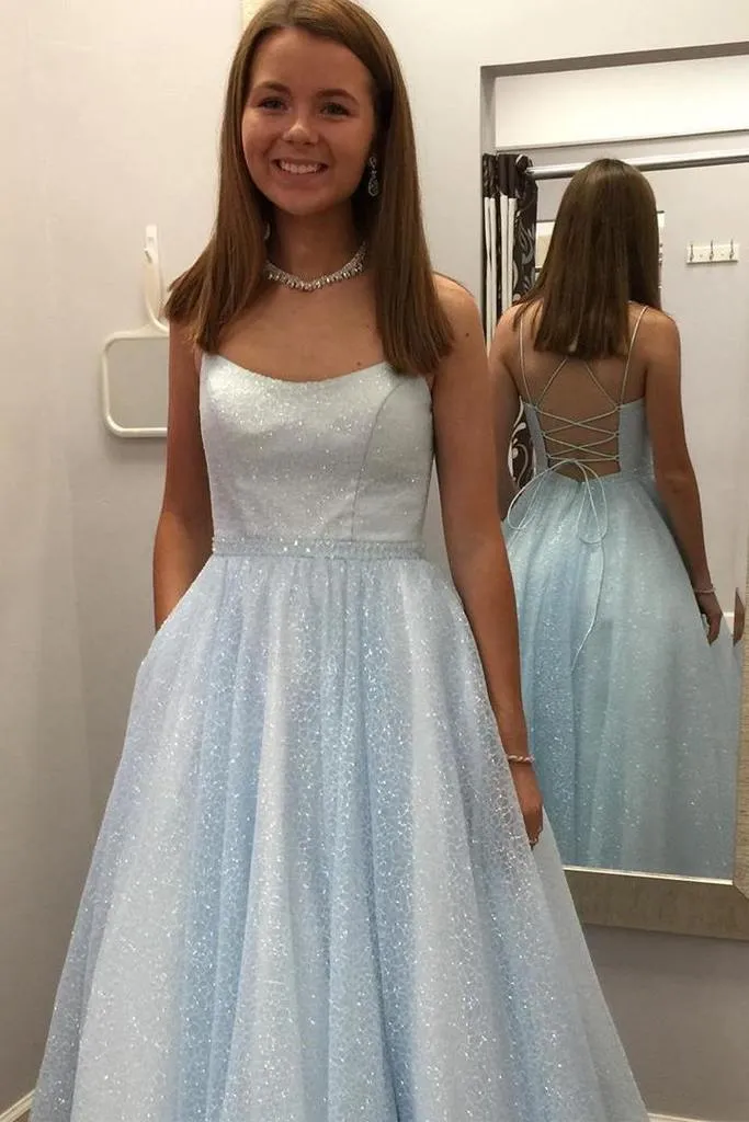 Lilac Spaghetti Strap Sparkly Prom Dress Shiny A-line Long Evening Dress OKY99