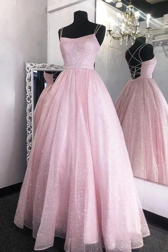 Lilac Spaghetti Strap Sparkly Prom Dress Shiny A-line Long Evening Dress OKY99