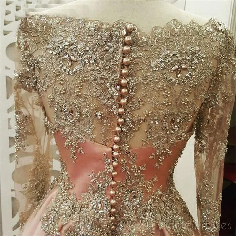 Long Sleeves Gold Lace Beaded Pink Skirt Long Evening Prom Dresses, Cheap Sweet 16 Dresses, 18357