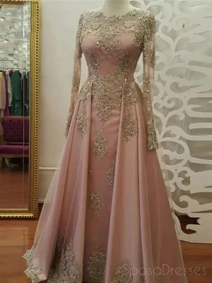 Long Sleeves Gold Lace Beaded Pink Skirt Long Evening Prom Dresses, Cheap Sweet 16 Dresses, 18357