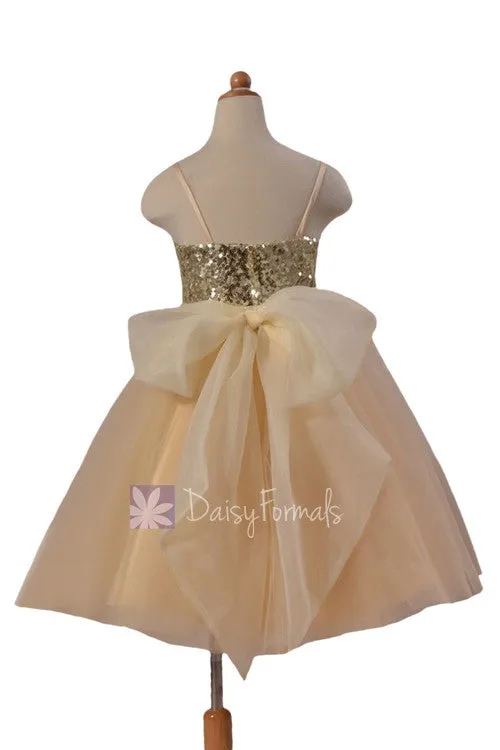 Lovely Champagne Tulle Flower Girl Dress W/Sequin Bodice & Spaghetti Straps(FL2526)