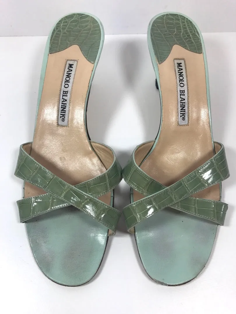 MANOLO BLAHNIK Sage Green Crocodile Cross Strap Slide Sandal Heel Size 38 1/2