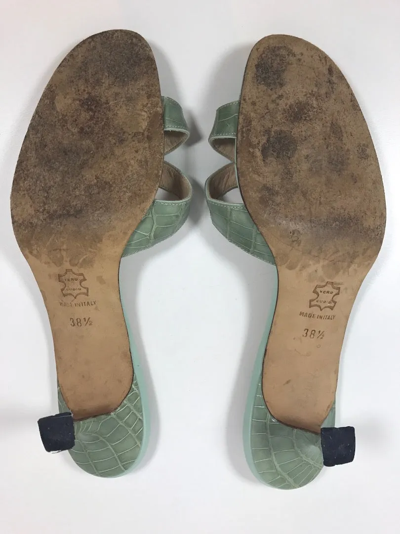 MANOLO BLAHNIK Sage Green Crocodile Cross Strap Slide Sandal Heel Size 38 1/2