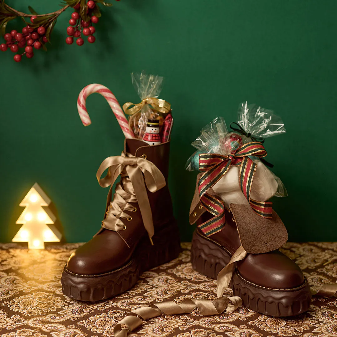 Melting Chocolate Satin Ribbon Lace Up Leather Boots (Brown)【Japan Jewelry】