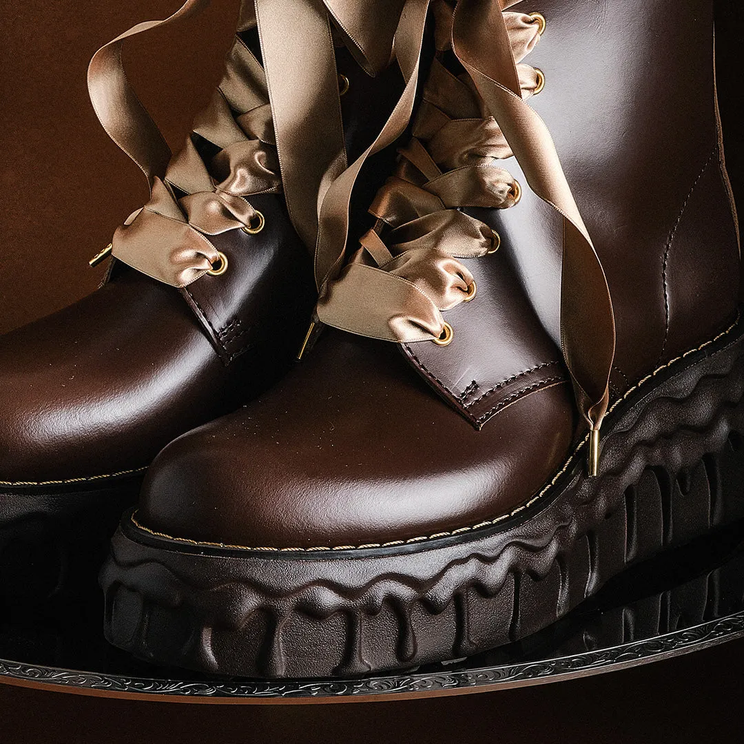 Melting Chocolate Satin Ribbon Lace Up Leather Boots (Brown)【Japan Jewelry】
