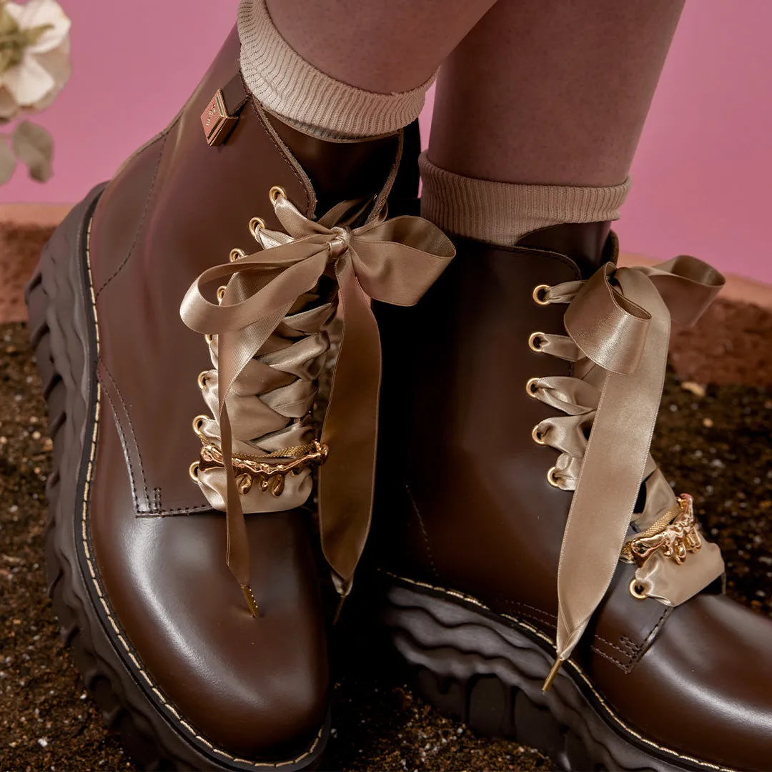 Melting Chocolate Satin Ribbon Lace Up Leather Boots (Brown)【Japan Jewelry】