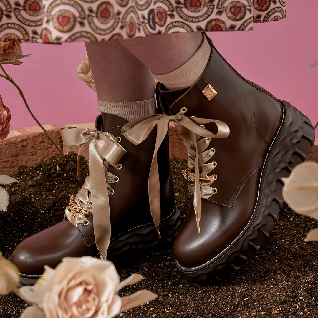 Melting Chocolate Satin Ribbon Lace Up Leather Boots (Brown)【Japan Jewelry】