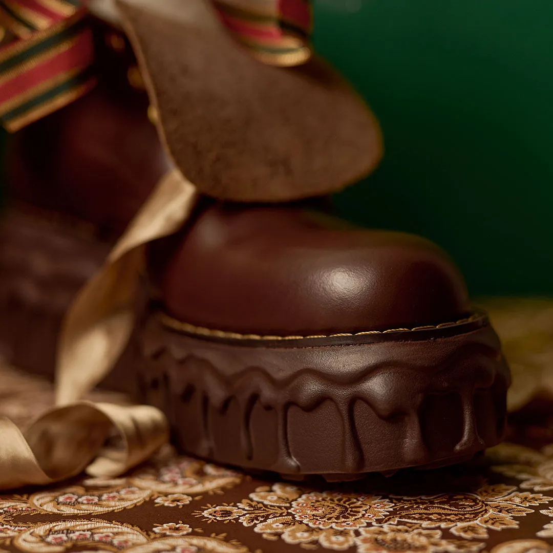 Melting Chocolate Satin Ribbon Lace Up Leather Boots (Brown)【Japan Jewelry】