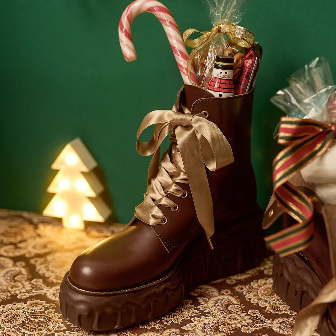 Melting Chocolate Satin Ribbon Lace Up Leather Boots (Brown)【Japan Jewelry】
