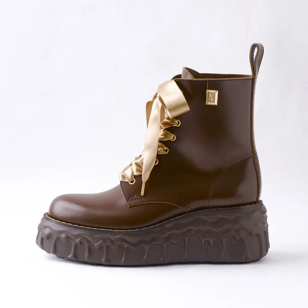 Melting Chocolate Satin Ribbon Lace Up Leather Boots (Brown)【Japan Jewelry】