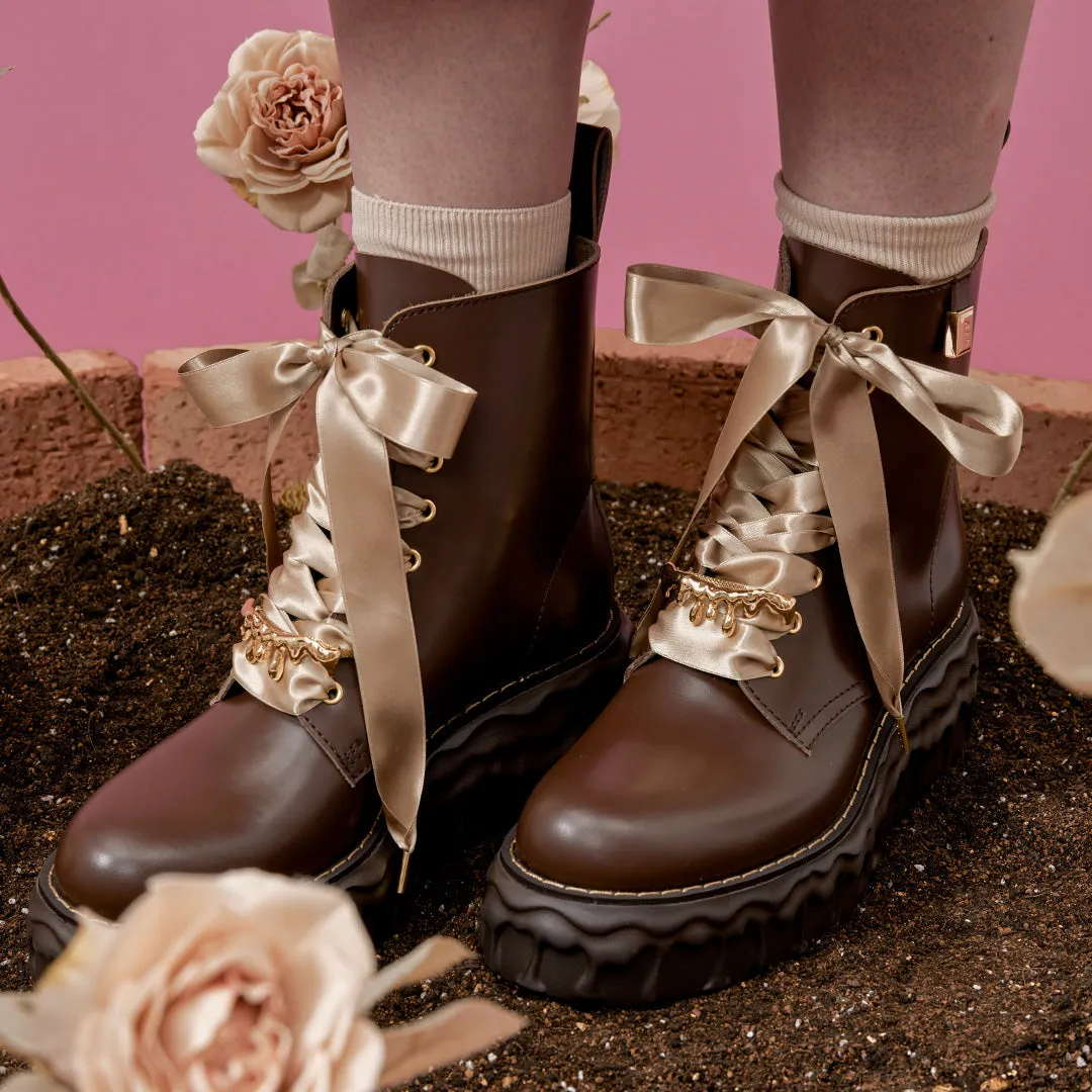 Melting Chocolate Satin Ribbon Lace Up Leather Boots (Brown)【Japan Jewelry】