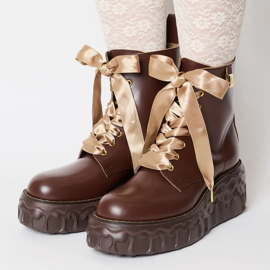 Melting Chocolate Satin Ribbon Lace Up Leather Boots (Brown)【Japan Jewelry】