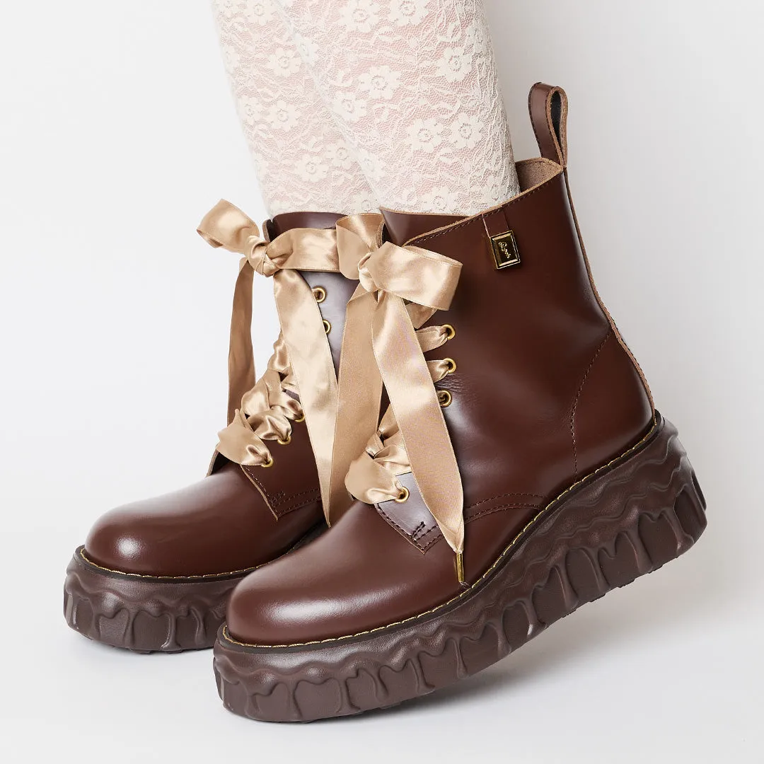 Melting Chocolate Satin Ribbon Lace Up Leather Boots (Brown)【Japan Jewelry】