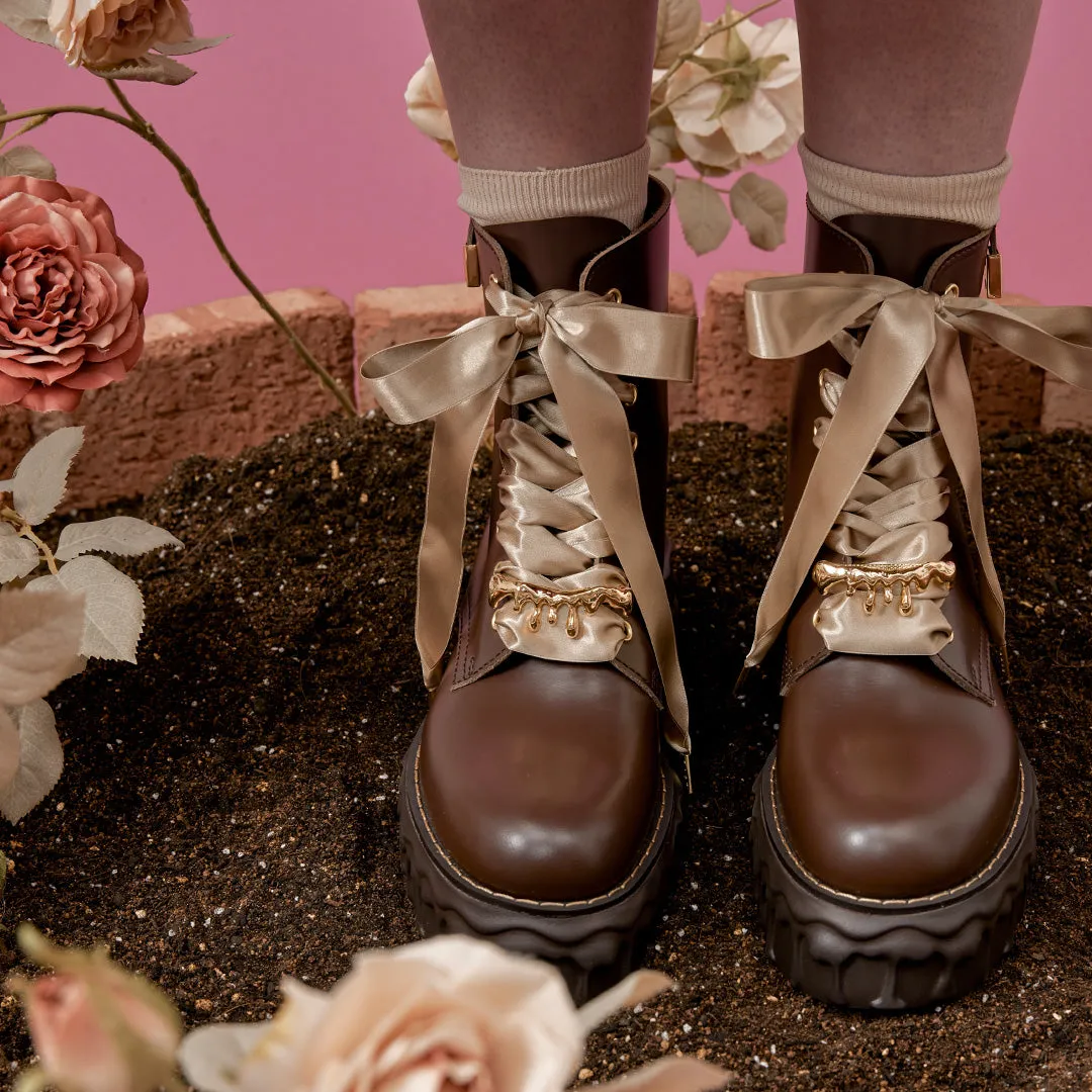 Melting Chocolate Satin Ribbon Lace Up Leather Boots (Brown)【Japan Jewelry】
