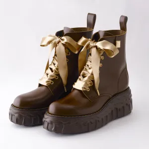 Melting Chocolate Satin Ribbon Lace Up Leather Boots (Brown)【Japan Jewelry】