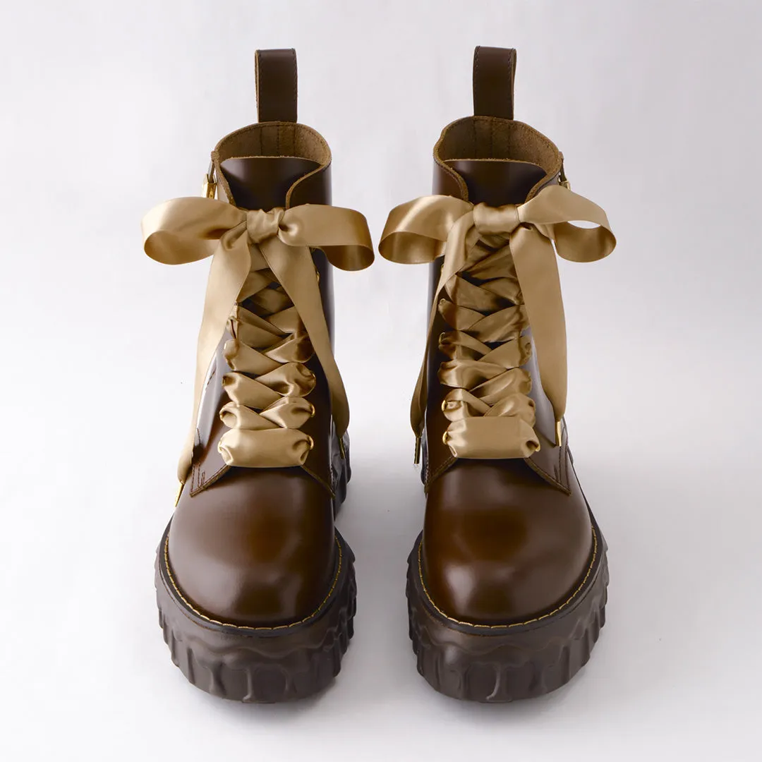 Melting Chocolate Satin Ribbon Lace Up Leather Boots (Brown)【Japan Jewelry】
