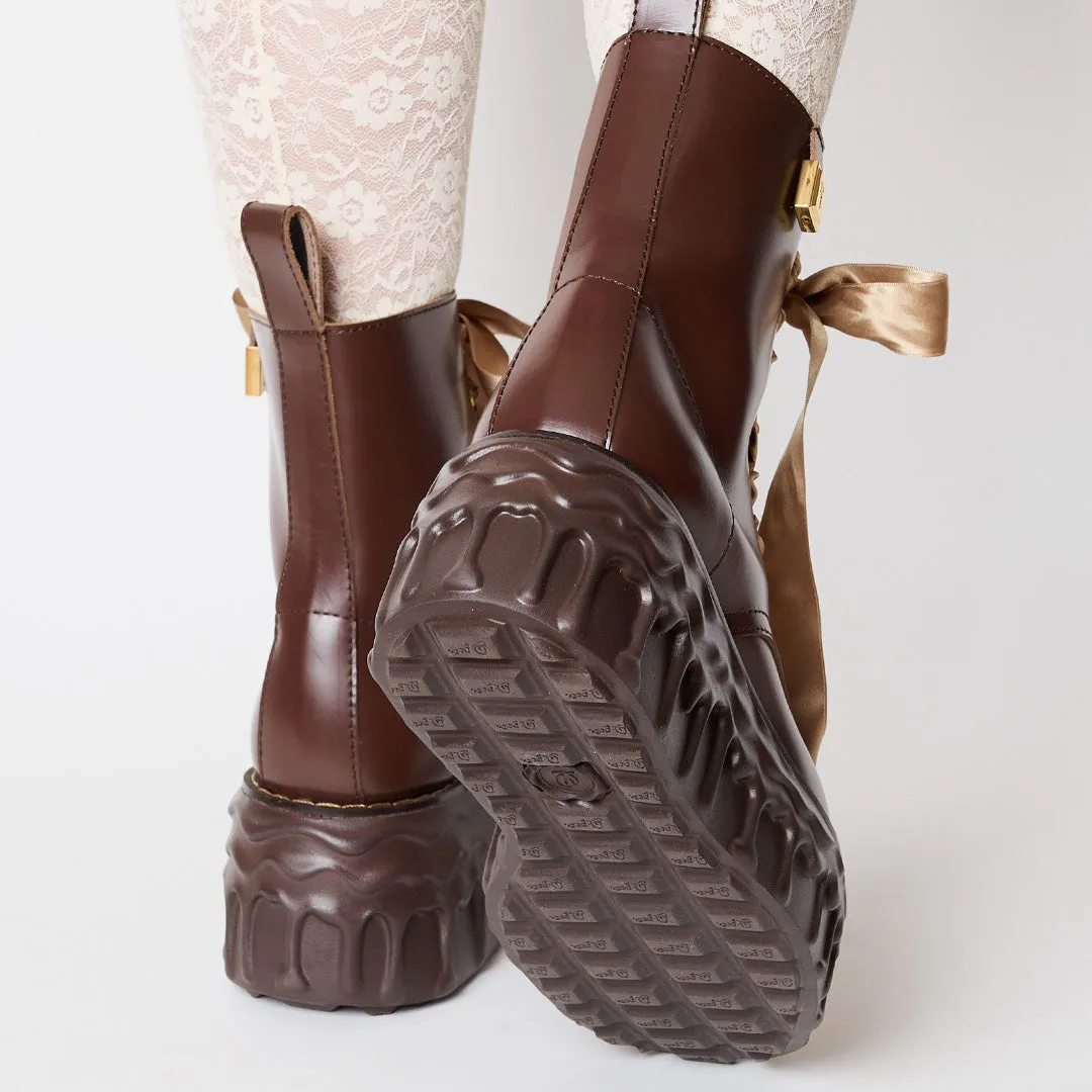 Melting Chocolate Satin Ribbon Lace Up Leather Boots (Brown)【Japan Jewelry】