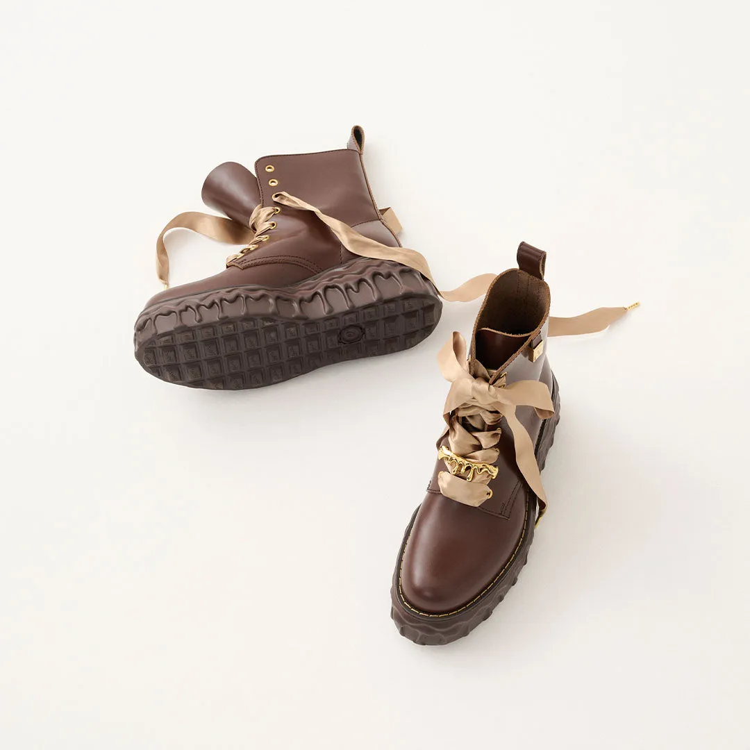 Melting Chocolate Satin Ribbon Lace Up Leather Boots (Brown)【Japan Jewelry】