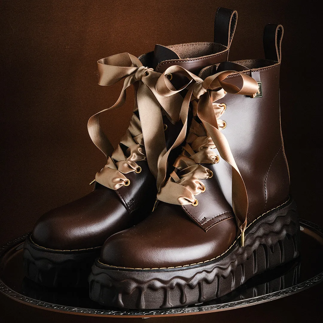Melting Chocolate Satin Ribbon Lace Up Leather Boots (Brown)【Japan Jewelry】