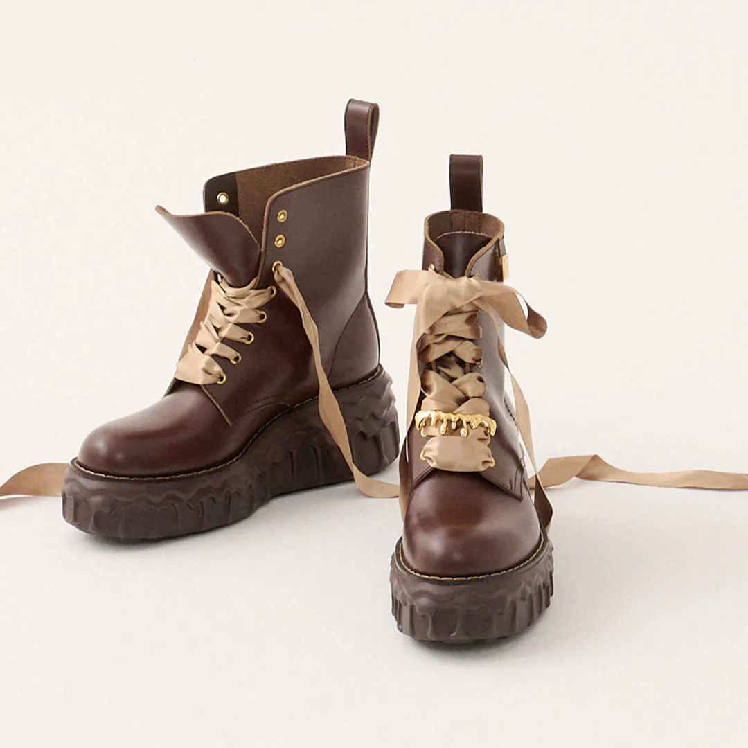 Melting Chocolate Satin Ribbon Lace Up Leather Boots (Brown)【Japan Jewelry】