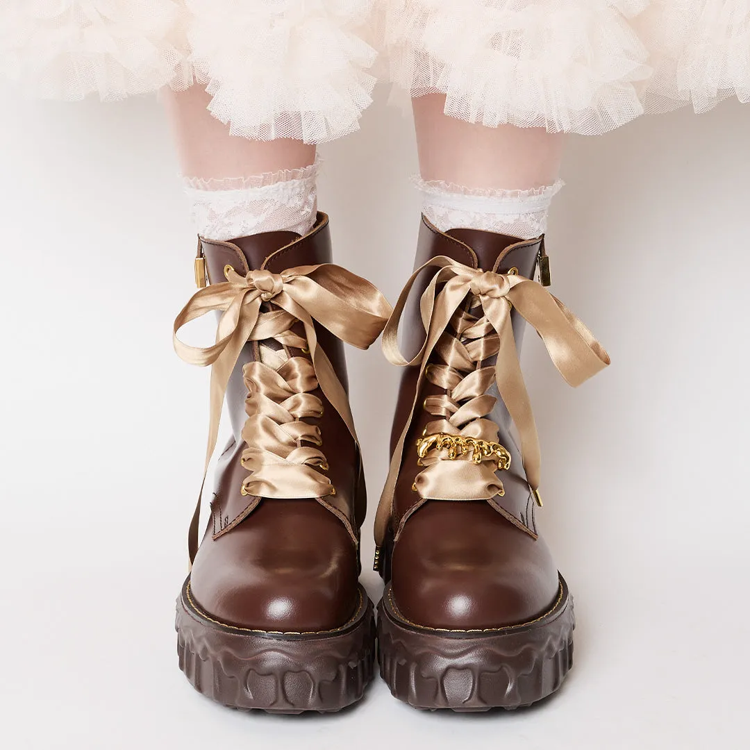 Melting Chocolate Satin Ribbon Lace Up Leather Boots (Brown)【Japan Jewelry】