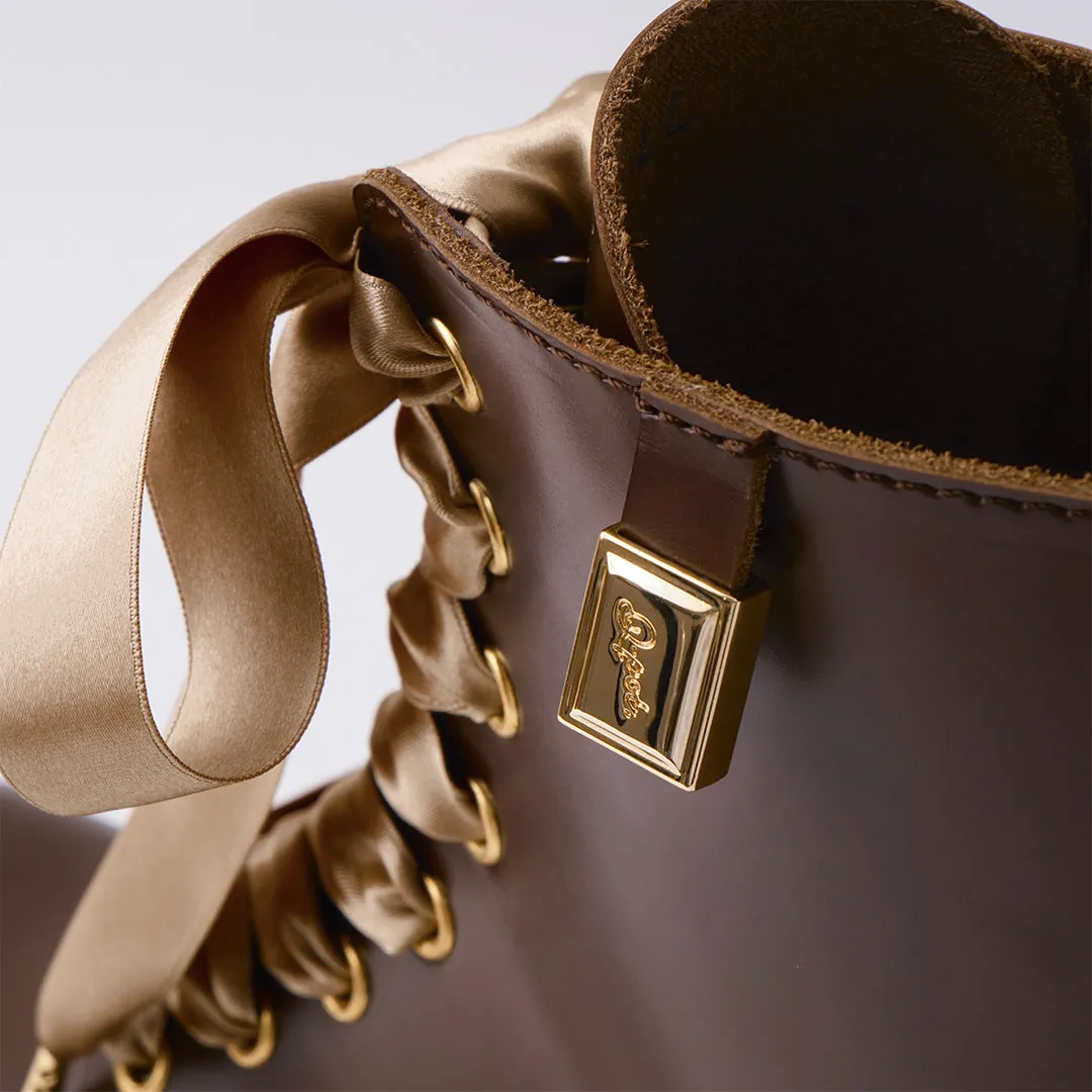 Melting Chocolate Satin Ribbon Lace Up Leather Boots (Brown)【Japan Jewelry】