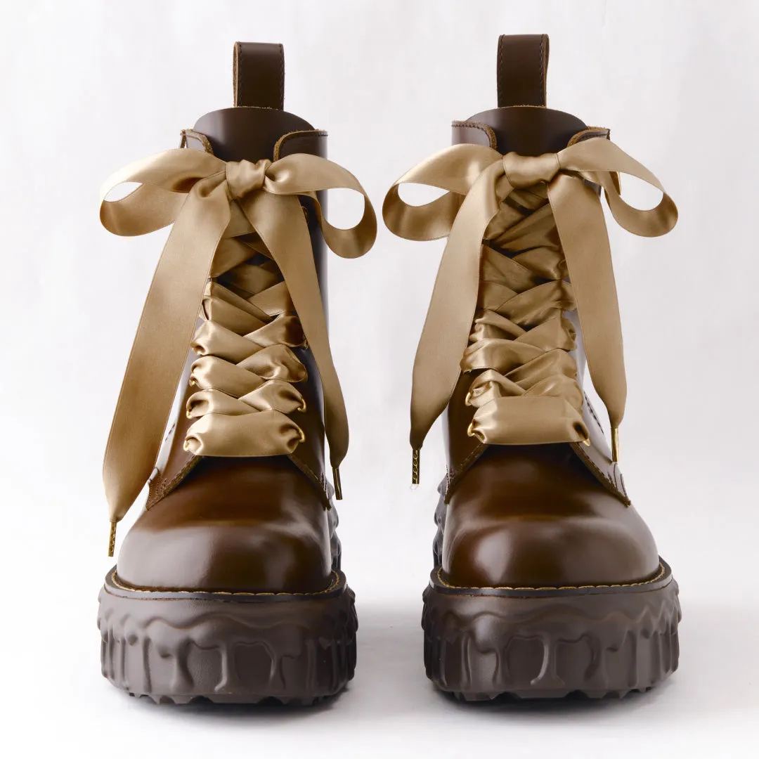 Melting Chocolate Satin Ribbon Lace Up Leather Boots (Brown)【Japan Jewelry】