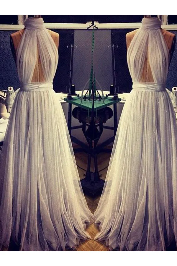 New A-line Cheap Long Sexy Simple Ivory High Neck Tulle Prom Dresses OK759