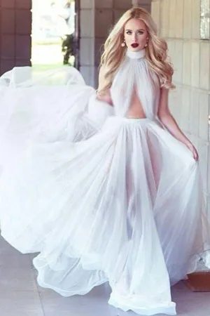 New A-line Cheap Long Sexy Simple Ivory High Neck Tulle Prom Dresses OK759
